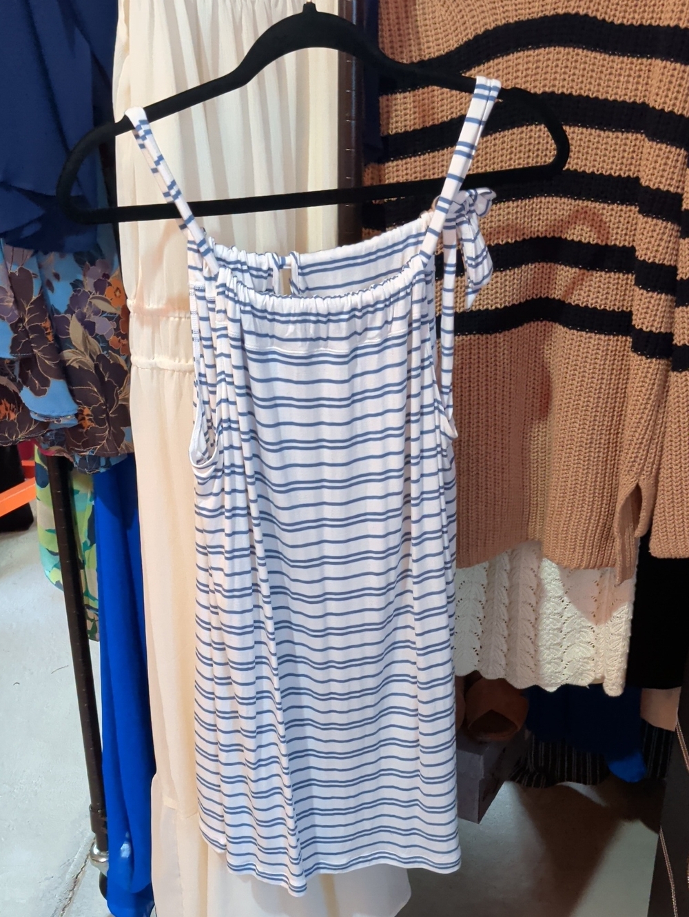 CAbi White and Blue Striped Camisole with Tie Straps